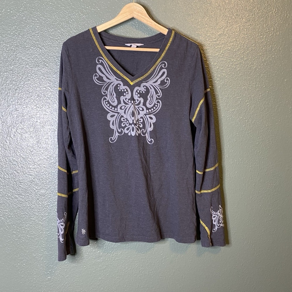 Women's Athleta Long Sleeve Vneck T-Shirt Size Large Dark Grey / Black